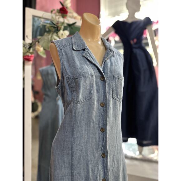 Vintage 90s Linen Maxi Dress Sleeveless Button Down Minimalist Light Wash M/L - Picture 5 of 8
